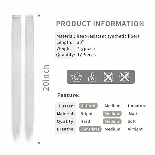 12 Pcs Colored Clip In Hair Extensions Sliver Gray hair 20 Inches Straight Hair Clip In Synthetic Hair Extensions For Women Girls Kids Gift Synthetic Hairpieces Can Be Hot Water Curl (12,Silver Gray) 20 Inch 12 Pcs 12 pcs Silver Gray