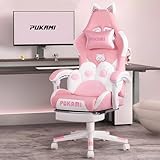 PUKAMI Pink Gaming Chair Cute with Cat Ears and Cat Paw Lumbar Cushion, Ergonomic Computer Chair for Girl with Footrest and Headrest, Comfortable Reclining PC Game Chair for Adult, Teen, Pink