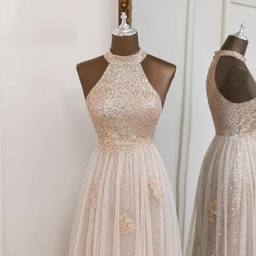 Halterneck Sequin Prom Dresses with Flower 2024 Sparkly Tulle Ball Gowns A Line Wedding Evening Party Dress4
