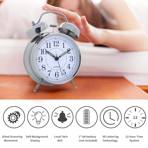 Image of Blairmore Alarm Clock, Silent Non Ticking Small Clock, Battery Operated, Simple Design, Old Fashioned Style Ideal Decor, for Bedroom, Bedside, Desk, Adult, Kid, Gift (Tween Silver)