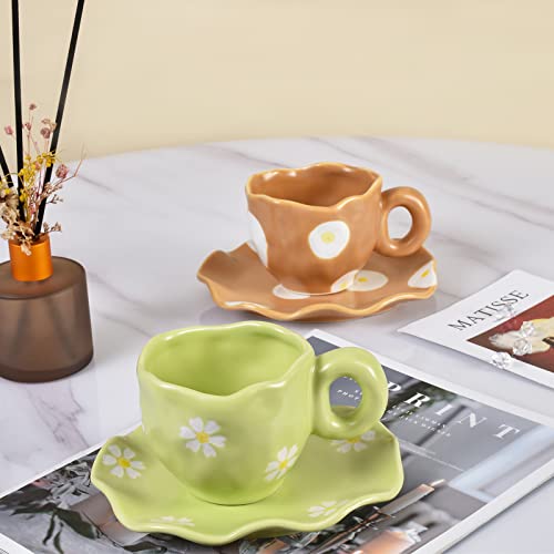 Koythin Ceramic Coffee Mug With Saucer Set, Cute Creative Fried Egg Pattern Cup Saucer For Office And Home, Dishwasher And Microwave Safe, 6.5 Oz/200 Ml For Latte Tea Milk (Brown) #TOP5