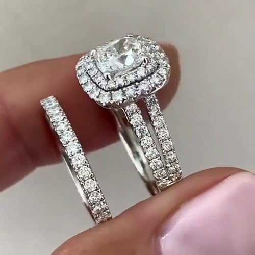 2pcs/set White Gold Plated Sparkling Cubic Zirconia Inlaid Stylish Engagement Ring Set Wedding Bridal Band Promise Rings Evening Parties Anniversary Valentine's Day Gifts Eternity Bands for Women2