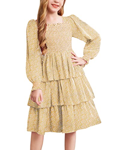 Arshiner Girls Long-Sleeve Tiered Dresses Square Neck Lantern Smocked Ruffle Layered Tie Back Dress