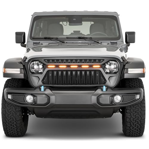 TACTIK Reef Shark Front Grille with Amber LED Running Lights - Fits Jeep Wrangler JL 2018-2025 & Jeep Gladiator JT 2020-2025 w/o TrailCam - Aggressive Front-End Black Grill - Durable ABS Jeep Grill