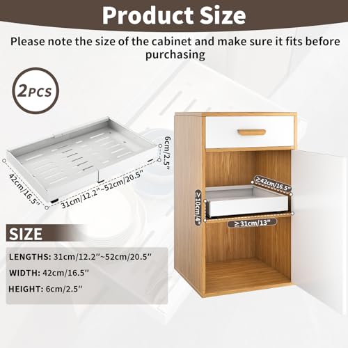2 Packs Expandable Pull Out Cabinet Organizers Adhesive, 3 Slide Rails Slide Out Drawers for Kitchen Cabinet, No Drill Slide out Shelves for Home Kitchen Pantry, Adjustable Width 32-52CM,White - Image 3