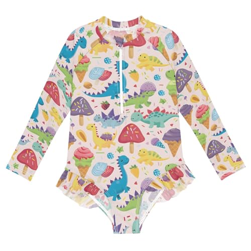 ALAZA Dinosaur Ice Cream Mushroom Girls One Piece Swimsuit Long Sleeve Rash Guard Swimsuits UV 50+ Swimwear Zipper