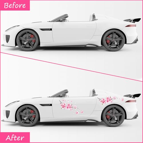 Image of WY Lighting Level Cherry Blossom Car Sticker, 2 Pcs Vinyl Car Decals for Women, Scratch Cover Pink Flower Bumper Stickers, Car Decoration, Waterproof Decal for Automotive, Laptop, Home Decor