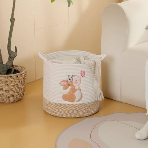 Image of Toy Storage Baskets Woven Cotton Rope Storage Basket for Kids, Blanket Baskets for Living Room Stuffed Animal Storage Toys Organizer with Embroidery Decor, Cute Baskets for Nursery (Bunny)