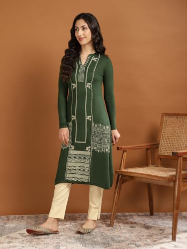 Image of rangita Green Acrylic Calf Length Printed Straight Kurti for Women | Kurta for Women