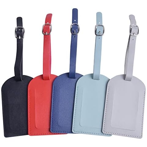5Pcs PU Leather Luggage Tags, Luggage Labels for Travel, Luggage Tags for Suitcases, Travel Tags with Name ID Card for Baggage Luggage, Luggage Identifier ID Labels for Men Women, 5 Colors Cover