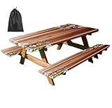 3 packs Picnic Table and Bench Covers, Wood and Flower Bee Tablecloth Cover,Elastic Waterproof and Oil-proof Polyester Fabric Protection Cloth,Decoration For 6 Feet Patio Camping Park Desk