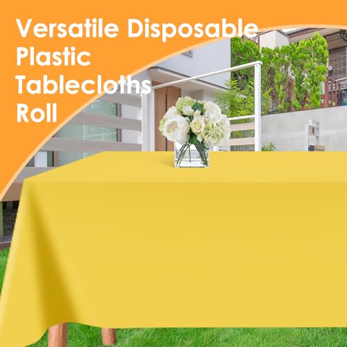 Image of tujol Yellow Disposable Plastic Table Cloth Roll 54 inch X 100', Plastic Table Cover with Cutter Box, Cut to Size Disposable Tablecloth for Parties
