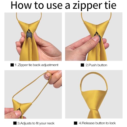 Image of YourTies Zipper Tie for Men Adjustable Pre-tied Satin Neckties and Pocket Square Set Solid Color Business Formal Wedding