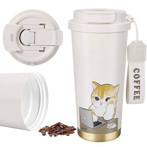 HAPFRJIN Insulated Tumbler With Lid And Straw, Stainless Steel Coffee Tumbler 16 Oz, Ceramic Lined Coffee Tumbler, Double Wall Vacuum Leak Proof Mug For Office School Party Camping (Working Cat)