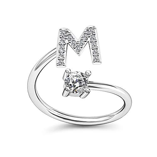 Image of HUJUON Silver Initial Letter Ring for Women. Adjustable Crystal Alphabet Ring,Name Initials Stackable Knuckle Rings A-Z CZ Open Ring
