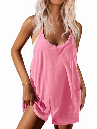 Ekouaer Womens Summer Casual Sleeveless Rompers Loose Spaghetti Strap Shorts Overalls Outfits 2025 Jumpsuits With Pockets Pink M