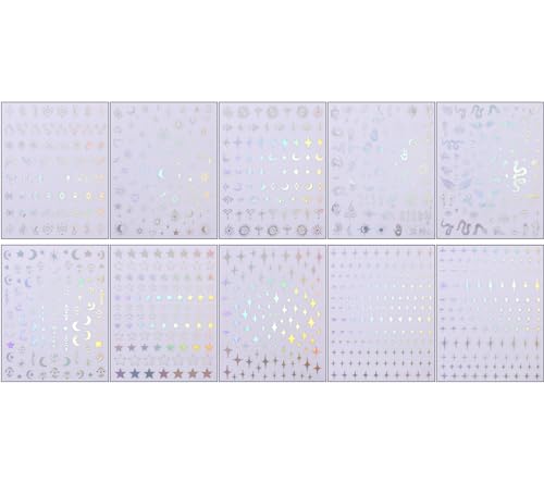 JMEOWIO 10 Sheets Moon Star Sun Nail Art Stickers Decals Self-Adhesive Silver Aurora Nail Supplies Nail Art Design Decoration Accessories - Image 3