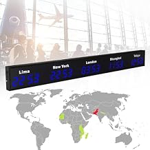 Digital Led World Clock, 3/4/5 Cities Time Zone Wall Mounted City Time Zone World Clock, Aluminum Alloy Material for Home, Hotel, Office, Airports,Blue-5City