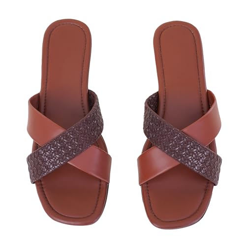 Image of Women's Cross Strap Textured Flat Sandals - Stylish and Comfortable Slip-On Flats