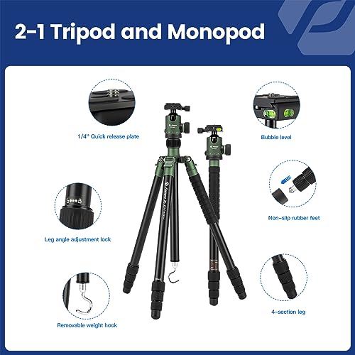 Image of Fotopro 68 inch Camera Tripod for DSLR, Heavy Duty Compact Travel Tripod with Ball Head, Detachable Monopod with Quick Release Plate and Bag, Load up to 12KG /26.5lbs, Green