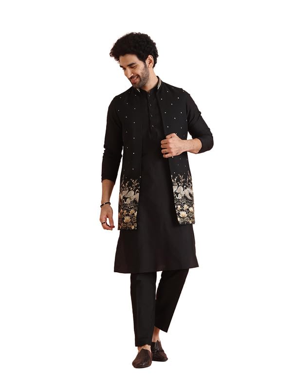 Mens Kurta Jacket Trouser Set|Cotton Blend Fabric Embroidered Pattern Mens Ethnic Wear Kurta Set|Regular Fit Mandarin Collar Long Sleeves-image-8