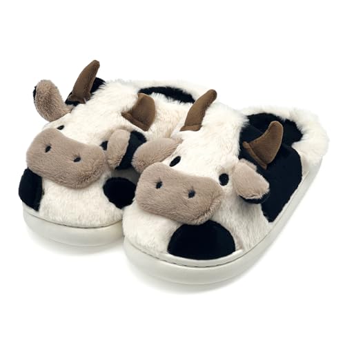 NZFUN Cow Slippers for Women and Men Fluffy Cute Cozy Cartoon Cow Fuzzy House Slippers Womens Cows Animal Funny Furry Kawaii Bedroom Pillow Cloud Slipper for Women Indoor and Outdoor Shoes Black