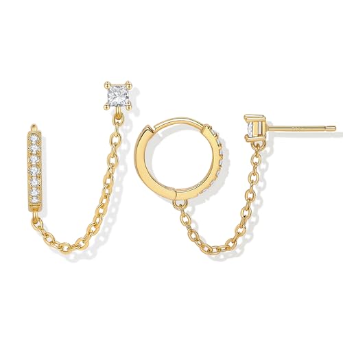Double Piercing Chain Earrings for Women 18K Gold Plated S925 Sterling Silver Dangle Chain Huggie Hoop Earrings with Cubic Zirconia Stones Simulated CZ Stud Earrings