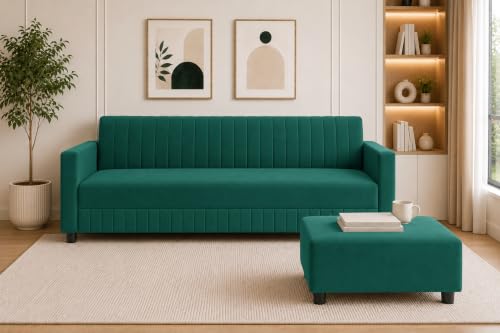 Image of Modern 3-Seater Velvet Sofa with Ottoman | Vertical Channel Tufted Backrest | Plush Cushioned Seating | Stylish Contemporary Sofa for Living Room, Bedroom & Office | Green