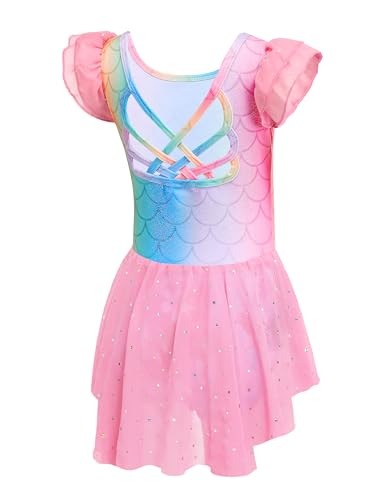 Image of Arshiner Girls Shiny Ruffle Sleeve Ballet Leotard with Skirt Criss-Cross Back Dance Dresses