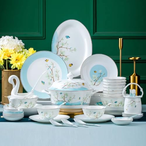 H3TF5J - Juego de vajilla de porcelana inglesa, 60 piezas de vajilla de porcelana china, cerámica con patrón floral azul, apto para microondas y lavavajillas, regalo de boda e inauguración de la casa