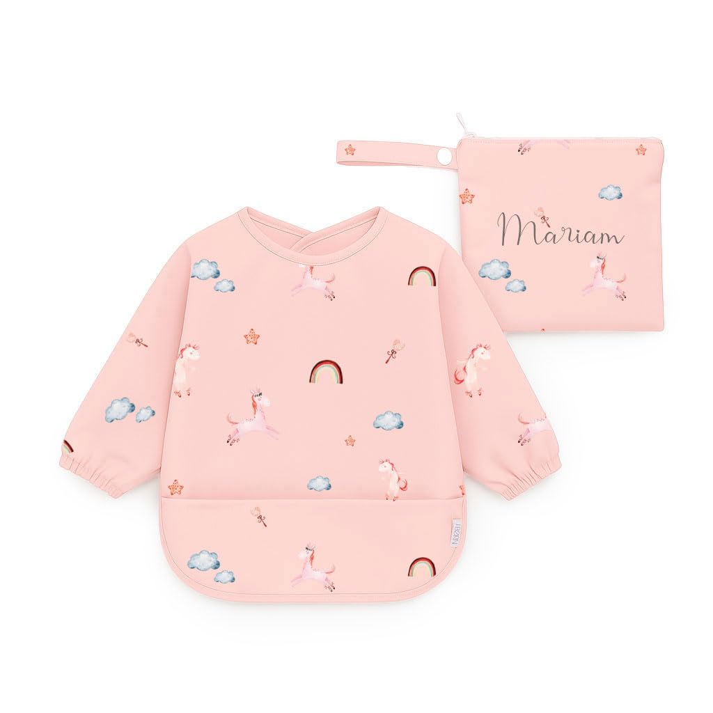 J.Børn Langarm-Lätzchen für Babys + kostenlose personalisierte Aufbewahrungstasche für Baby-geführtes Entwöhnen, wasserdichte Lätzchen für die Entwöhnung 6-12 Monate (Einhorn)