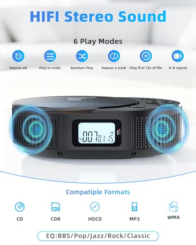 Image of Portable CD Player，CD Player with Speaker Remote Control，Support FM Radio，Black