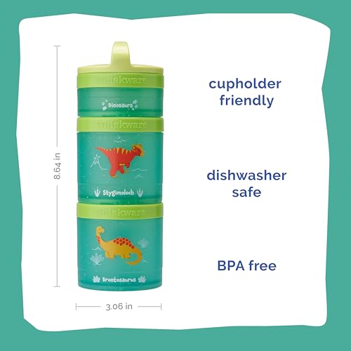 Image of Whiskware Dinosaur Stackable Snack Containers for Kids and Toddlers, 3 Stackable Snack Cups for School and Travel, Green /Blue