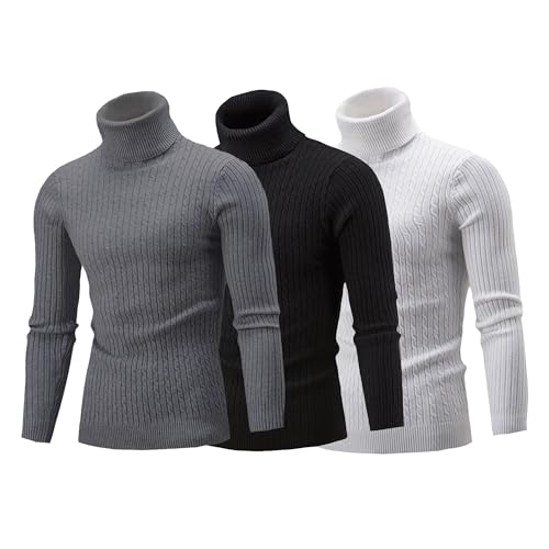 Maiyifu-GJ 3 Pack Mens Slim Fit Turtleneck Sweater Knitted Long Sleeve Thermal Pullover Sweater Lightweight Ribbed Basic Tops