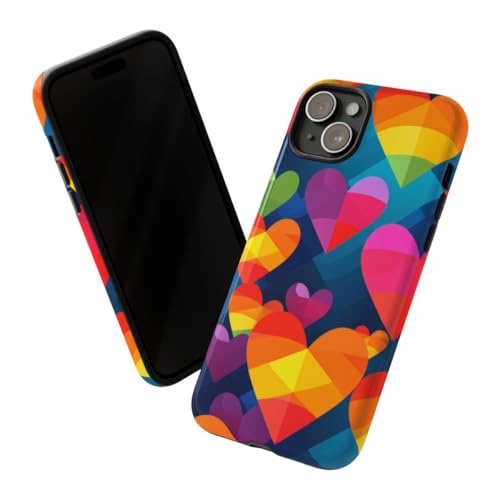 Coque rigide brillante iPhone 15 Plus au motif de cœurs géométriques colorés