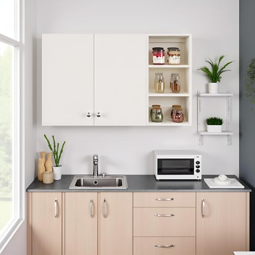 Image of FURNEASER Lismore Kitchen Storage Cabinet Rack Shelf Multipurpose Wooden Wall Mounted Spice Jar Shelves for Storage Organizer Containers Hanging Shelves with 2 Door (White)