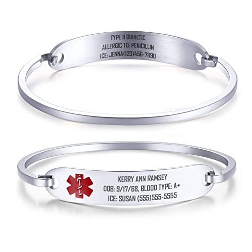 MEALGUET Medical ID Bracelet for Women : Stainless Steel Medical Alert Bangle Bracelet with Free Engraving