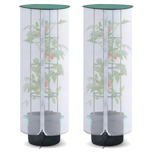 2 Pack 47 Tall Netting for Tomato Cages Sun Shade Top with Zipper & Drawstring Pop-Up Mesh Plant Cover (Cage Not Included)