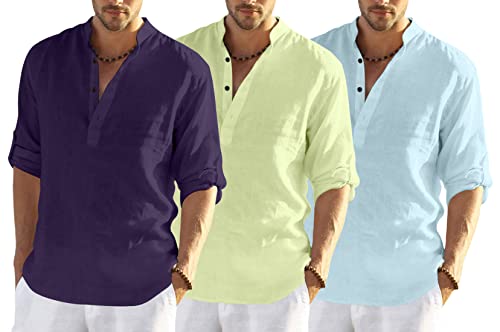 Image of Men's Cotton Blend Combo Short Kurta with Mandarin Collar Neck Full Sleeves Solid Pattern Curved Hemline Regular Fit and Standard Length (Pack of 3)