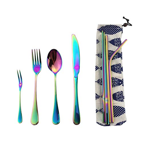 Puzhler Shiny Silverware Set with Straws Stainless Steel Healthy & Eco-Friendly 7 Pieces Travel Flatware Set for Travel or Camping, Knife Fork Spoon Chopsticks Straws Fruit Fork(Rainbow)