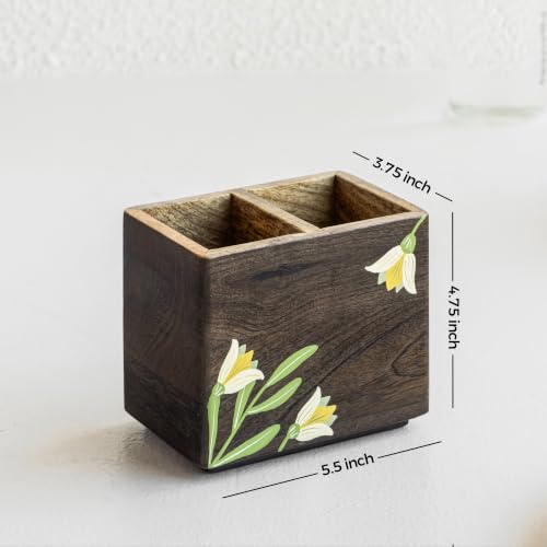 Image of Aurum Crafts Mirra Mango Wood Cutlery Stand (5 x 75 x 75 in) | Handcrafted Spoon & Fork Holder for Kitchen | Wooden Utensil Organizer for Dining Table | Multipurpose Storage Stand