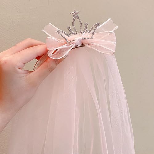 Bethynas Flower Girls Crown Veil Girls First Communion Veil Bow-knot Crown Hair Clip Short Veil Bridal Princess Hair Accessories2