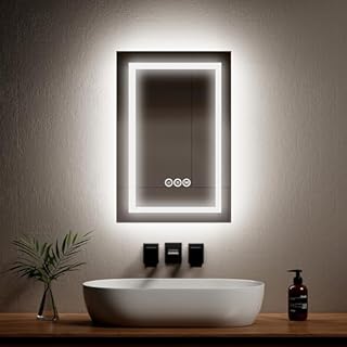 EMKE Bathroom Mirror with Led Lights, 400 x 600 mm Illuminated Bathroom Mirror with Dual Lights, Wall Mounted Vanity Mirror with Touch Switch, Anti-Fog, Dimmable Switch & 3 Colors, Memory Function