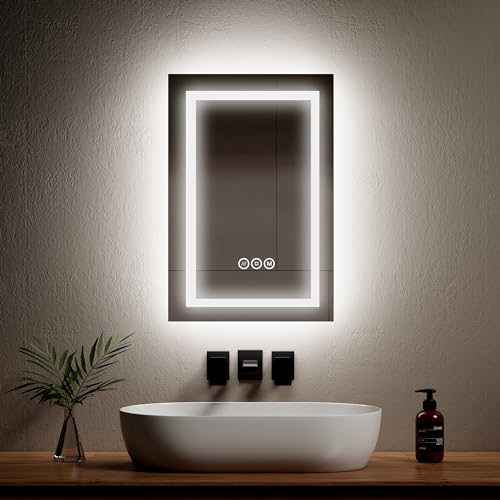 EMKE Bathroom Mirror with Led Lights, 400 x 600 mm Illuminated Bathroom Mirror with Dual Lights, Wall Mounted Vanity Mirror with Touch Switch, Anti-Fog, Dimmable Switch & 3 Colors, Memory Function
