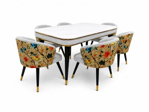 Image of WOODEN SPACE 6-Seater Wooden Dining Table Set | Nano Composite Marble Top | Solid Wood Base | Modern Dining Room Furniture with 6 Chairs (Printed Light Grey)