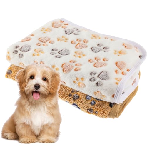 WLLHYF 2 Stück Haustierdecke, Flanell Kuschelig Warm Beruhigende Decke Pfotenabdruck-Überwurf Bettdecke für Katzen, Hunde, Welpen, Kätzchen (Braun+Weiß)
