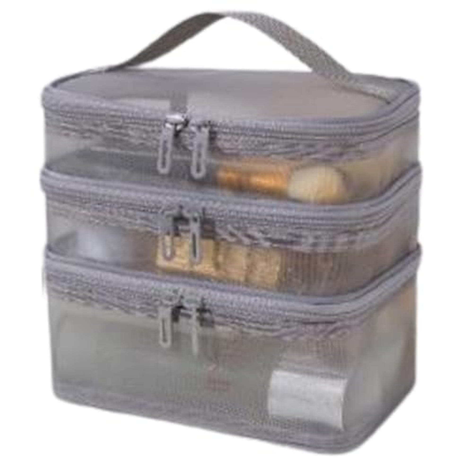 3-Tier Mesh Vanity Pouch with Handle, Travel Cosmetic Case