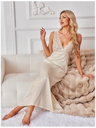 Image of WDIRARA Women's Satin Sleepwear Nightgown | Lace, Backless, Deep V Neck, Sleeveless, Long, Leopard Apricot, Large