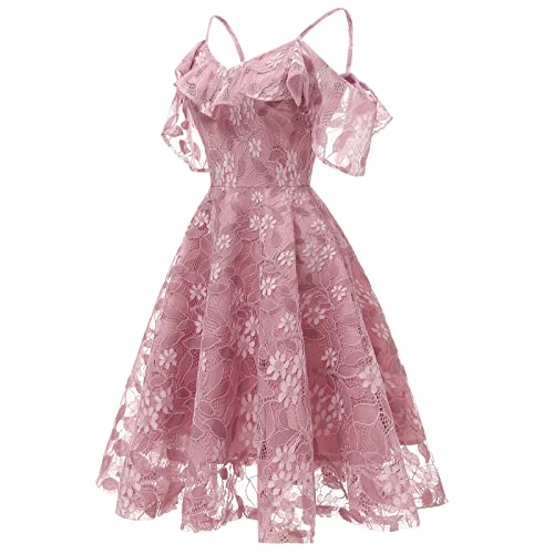 Image of IWEMEK Women Spaghetti Strap Floral Lace Bridesmaid Cocktail Party Dress Cold Shoulder Ruffle Sleeve Wedding Guest Prom Dress