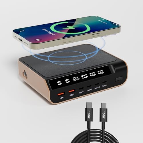 Tiburn GaN Desktop Charger, Charging USB C Charger, 240W 6-Port Charging Station with 15W Wireless Charger Station for iPhone, iPad, MacBook, Samsung and More (Full Feature Type C Cable Included)